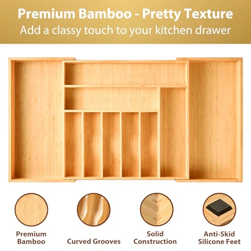 Umilife Extra Large Expandable Kitchen Siverware Utensils Drawer Organizer, 19" Deep for Big Drawer, Adjustable Bamboo Wood Drawer Divider with Curved Grooves, Cutlery Tray Flatware Holder - size: Expandable 19~33 x 19 inch