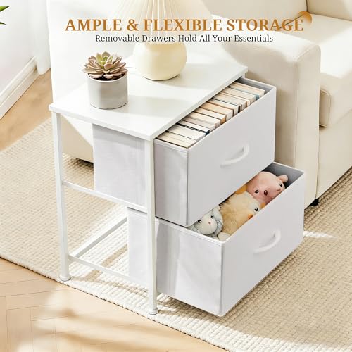 Nightstand, 2 Drawer Dresser Bedside Storage Furniture, Small Dresser with 2 Drawers, End Table with Fabric for Bedroom, Closet, Entryway, College Dorm, White