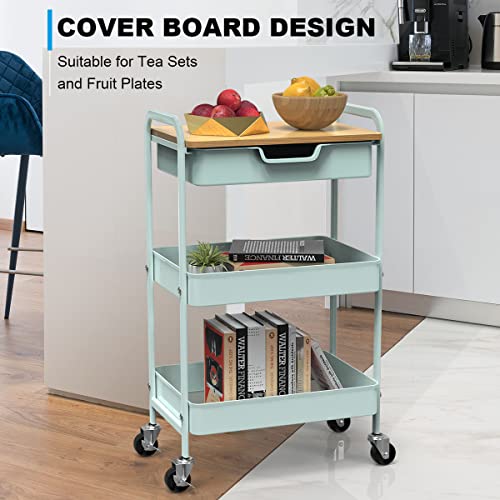 3 Tier Rolling Cart, Utility Cart with Drawer and Table Top, Metal Rolling Kitchen Storage Organizer Cart with Handle and Locking Wheels for Bathroom Office Balcony Living Room - color: Light Green