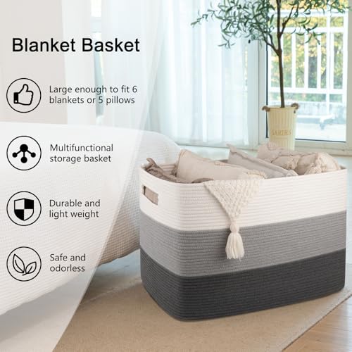 OIAHOMY 108L Super Large Blanket Basket, 25”x16”x16” Rectangle Woven Baskets for Storage, Cotton Rope Basket For Living Room, Toy Storage with Handle- Gradient Dark Grey - color: Gradient Dark Grey