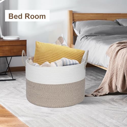 21" x 18" Extra Large storage baskets,Decorative blanket basket with lid for Living room,rope baskets with lid,wicker hamper for bedroom,Big,Round,White & Brown 115L - color: White & Brown