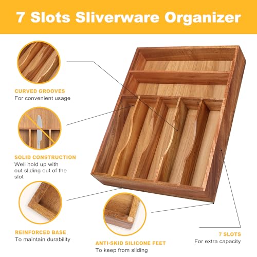 Kitchen Acacia Silverware Organizer - Extra Deep Grooved Drawer Divider, 7 Slot Utensil Organizer - color: Acacia, size: 7 Slots