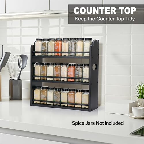 3 Tier Bamboo Spice Rack, Spice Rack Organizer, Seasoning Jars Rack Shelf Spice Organizer for Kitchen Counter or Wall Mounting, Spice Storage Holder with handles, Jars Not Included, Black - color: Black with Handles