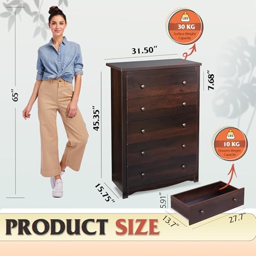 WLIVE Wood Dresser with 5 Drawers, 45" Tall Dresser for Bedroom, Chest of Drawers, Storage Cabinet and Organizer Drawers for Living Room, Hallway, Closet, Rustic Brown - color: Brown, size: 5 Drawers