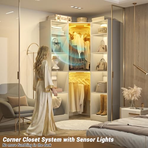 Besiost Corner Closet System with 2 Motion Sensor Lights, 39.2" Corner Closet Organizer with 12 Shelves, Closet Corner with 2 Hanging Rods, Versatile 6-Tier Walk-in Closets for Corner Space, Grey - color: Grey, size: 39.2" - With 2 Sensor Lights