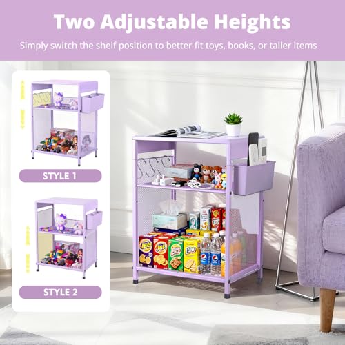 ECOLOVI Kids Nightstand 19in High for Floor Beds, 3-Tier Metal Small Bedside Table with Adjustable Storage Shelf, Basket & 3 S-Hooks, Low Nightstand for Nursery, Toddler Bedroom (Purple) - color: Purple