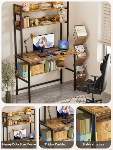 Aquzee Computer Desk with Hutch, 40“W x 19.6" D Desk with Shelves, Tall Home Office Desk with Bookshelf, Metal Legs Study Table with Upper Storage Shelf for Study Writing/Workstation, Brown - color: Brown, size: 40inch