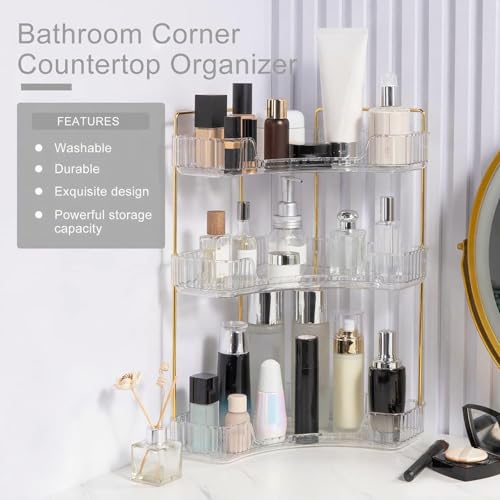 INVSSENE Corner Bathroom Countertop Organizer, Vanity Trays for Counter, Makeup Organizers, Perfume Tray, Kitchen Spice Rack, (Clear, 3 Tiers) - color: Clear, size: 13.6" x 10" x 23.2"