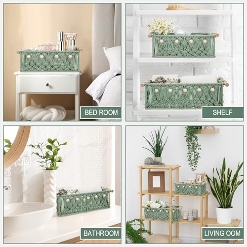 Vesici 4 Pcs Green Macrame Storage Basket for Shelves 13 in 11 in Boho Storage Basket Hand Woven Boxes with Wood Handles Beads Decorative Countertop Toilet Tank Cabinet Organizer for Home Room Decor - color: Green