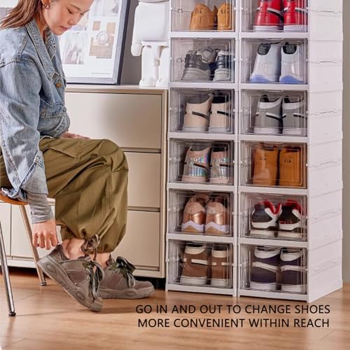 Foldable Shoe Rack,No Assembly Stackable Shoe Storage Box with Doors,Free Standing Plastic Space Saving Shoe Cabinet Bins Dustproof,Folding Shoe Box Organizers (9 Tier-9 Pairs White) - size: 9 Tier-9 Pairs White