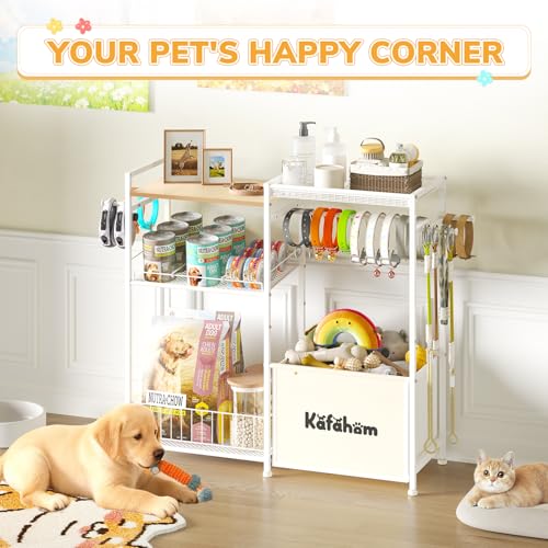 KAFAHOM Dog Toy Basket with Collar Leash Holder Hooks, Large Pet Bin, Dog Toy Box for Living Room Area, Cat Stuff Storage Organizer with Cabinet and Can Dispenser, Great Gifts for Pet Lovers - style: Collar Bar Shelf