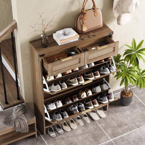 Halitaa Shoe Cabinet with 2 Flip Drawers & 2 Drawers,Farmhouse Shoe Storage Cabinet for Entryway,Slim Freestanding Narrow Organizer Rack for Front Door Entrance,Rustic Oak Rattan - color: Rustic Oak Rattan, style: 2-Drawers