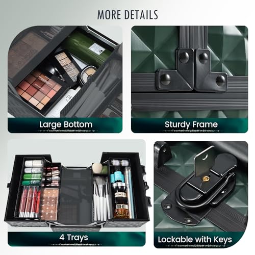 FRENESSA Makeup Case Makeup Box Cosmetic Train Cases Portable Make Up Artist Travel Case Storage Box 4 Trays with Dividers Lockable Hard Makeup Box Craft Nail Kits Case Drak Green - color: Vintage Dark Green