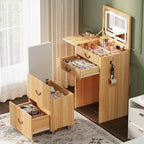 FURSUN 3-in-1 Vanity with Flip Mirror & Lights, Fluted Compact Vanity Table with 3 Drawers, Storage Compartment and Rolling Stool, Modern Small Makeup Vanity for Bedroom, Powder Room, Natural Oak - size: 15.7"D x 18.2"W x 46.9"H, style: Natural Oak