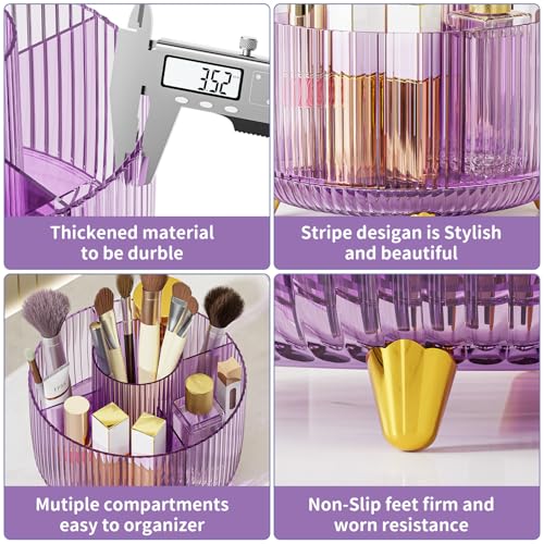 Clear Rotating Makeup Organizer Countertop for Vanity, 360° Makeup Brush Holder Organizer with 5 Compartments, Transparent Cosmetic Storage for Lipstick, Skincare, Bathroom Counter(Transparent Purple) - color: Transparent Purple