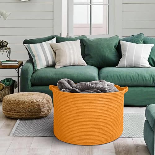 MEGASKET Extra Large Orange Basket, 22" X 22" X 14" Woven Cotton Rope Bins for Blankets, Baby Nursery Wicker Laundry Towel Basket, Kids Dog Toy Storage Box, Big Orange Living Room Decor Organizer - color: Orange, size: 22"x22"x14"