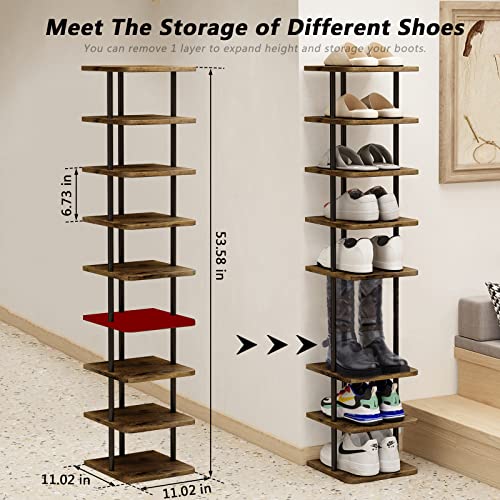 AZERPIAN Shoe Rack 9 Tier Vertical Storage Organizer Narrow Metal Slim Shelf Modern Free Standing Shoe Tower Saving Space for Closet Entryway Bedroom,Black+Rustic Brown - color: Black+rustic Brown, size: 9 Tier