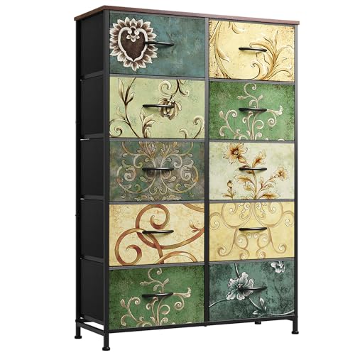 WLIVE Tall Dresser for Bedroom with 10 Drawers, Chest of Drawers, Fabric Dresser for Closet, Hallway, Living Room, Entryway, Floral Painted - color: Floral Painted