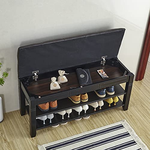 LEILISI Shoe Bench, Storage Rack Organizer with Cushion 2 Tier Lift Top Shoe Rack for Entryway Living Room Bedroom Hallway Wooden Furniture (Black, 39.4'') - color: Black, size: 39.4