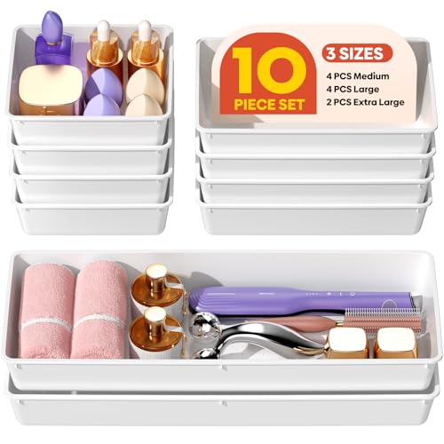10 Pack Large Size Plastic Drawer Organizers Set, 3 Sizes Desk Drawer Organizer Trays, Storage Bins for Vanity, Makeup, Bathroom, Kitchen Utensils and Office (White) - color: White