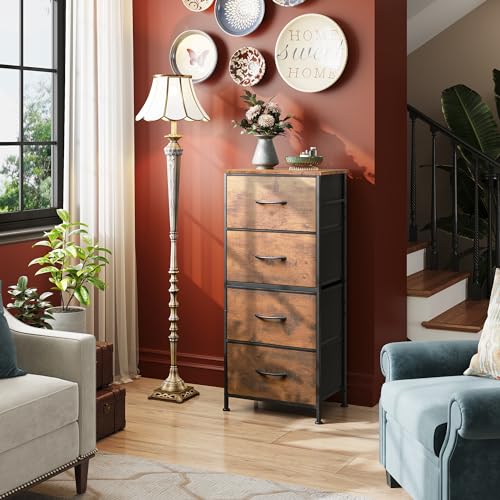 WLIVE Dresser with 4 Drawers, Fabric Storage Tower, Organizer Unit for Bedroom, Hallway, Entryway, Closets, Sturdy Steel Frame, Wood Top, Easy Pull Handle, Rustic Brown Wood Grain Print - color: Rustic Brown Wood Grain Print