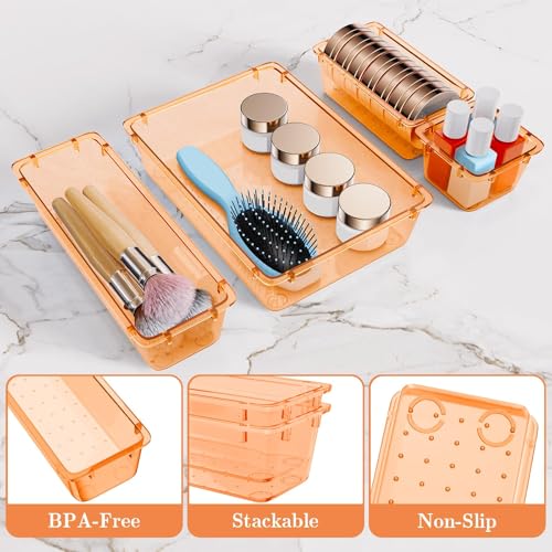 SpaceHacks 25 PCS Plastic Drawer Organizer Set, 4-Size Versatile Organizer Trays & Storage Bins for Makeup, Jewelry, and Gadgets in Bathroom, Bedroom and Office,Orange - color: Orange
