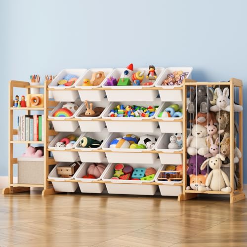 Toy Storage Organizer with Bookshelf and Stuffed Animal Storage - Playroom Organization with Shelves and 12 Bins - Living Room Box for Lego - Bedroom Decor Essentials - color: White, size: 67"W,3 Shelves,16 Bins