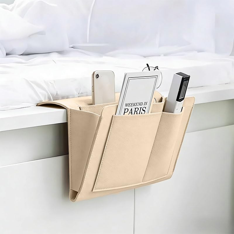 Bedside Storage Organizer with Pockets, Bedside Caddy, Table Cabinet Storage Organizer for TV Remote Control, Phones, Magazines, Tablets, Accessories, Living Room Office Chair Stowage Solution, Beige