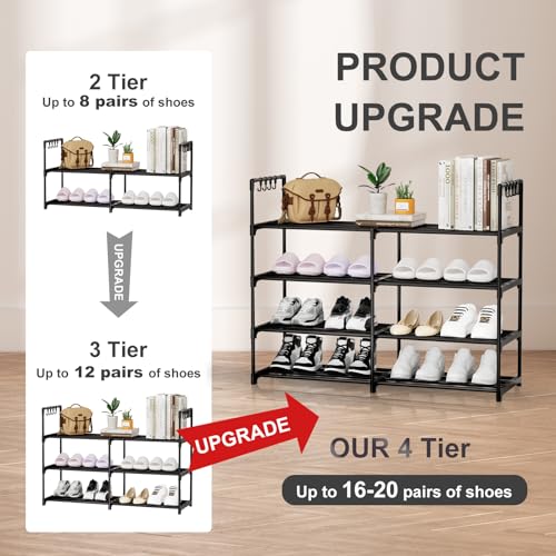2 Rows 4 Tier Shoe Rack, Black Metal Stackable Shoe Shelf with Multifunctional Hooks, Hold 16-20 Pairs, Space Saving Shoe Organizer for Closet, Bedroom - size: 2 Row 4 Tier