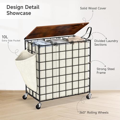 Laundry Basket with Wheels, Heavy Duty Laundry Sorter 3 Sections, 140L (37Gal.) Large Capacity Laundry Hamper with Wood Lid, 360 Rolling Wheels, Extra Side Pocket, Leather Pull Handle (Beige) - color: Beige, size: 140L
