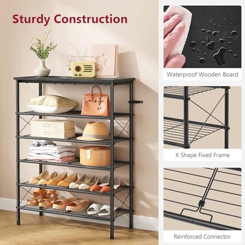 Tajsoon 6 Tier Shoe Rack Organizer for 20-24 Pairs of Shoes, Metal Mesh Shoe Shelf for Closet, Industrial Shoe Rack for Entryway Shoe Storage with X Shape Fixed Frame, Black - color: Black, size: 6-Tier