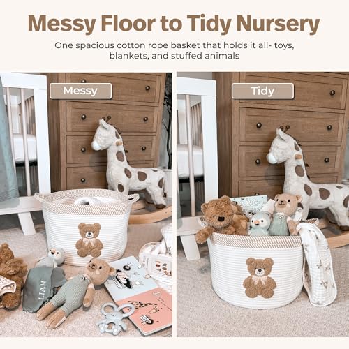 Teddy Bear Storage Basket for Nursery – Large 15"x11" Cotton Rope Bin with Soft Embroidered Bear Patch – Gender Neutral Toy Organizer, Baby Laundry Hamper, Blanket & Diaper Holder - color: Neutral Teddy