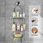 GAOKASE Shower Caddy Hanging 3 Tier with Two Movable Baskets, Grey Shower Caddy with Hooks for Towels, Sponge and More - color: Grey