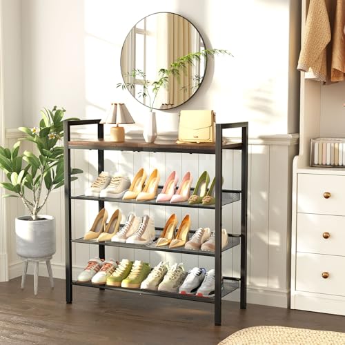 WIN4ALL Shoe Rack for Front Door Entrance, 4 Tier Shoe Rack for Entryway, 12-16 Pairs of Shoes, Metal Shoe Rack Organizer, Free Standing Shoe Rack for Closet (Black+Rustic Brown) - size: 4 Tier (11.81"D x 29.33"W x 30.31"H)