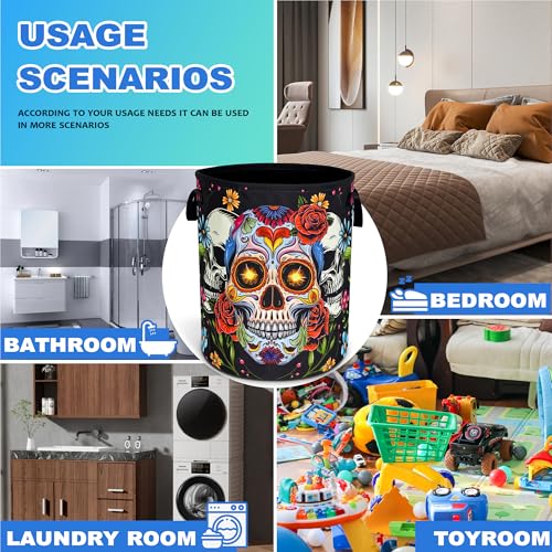 Sugar Skull Laundry Basket Skeleton Print Oxford Cloth Laundry Hamper With Handle Foldable Portable Clothes Storage Basket 18.9 X 16.5 In Storage Bag For Laundry Room/Bathroom/Bedroom/Dormitories - color: Sugar Skull