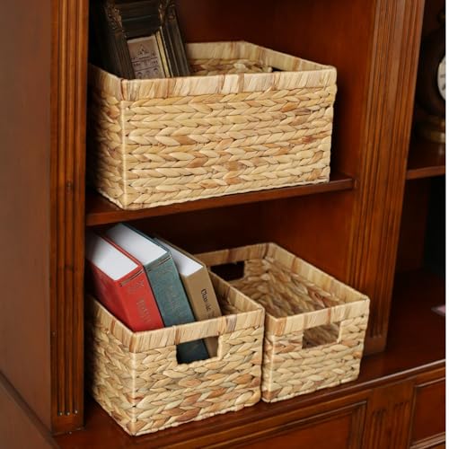 Woven Natural Water hyacinth basket Rectangular organizer basket with Handle for Desktop, Bathroom, Entryway,Kingwillow.(Small) - size: Small