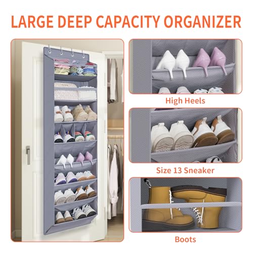 FENTEC 1 Pack Over The Door Shoe Organizer,68" Exlarge Deep Pockets Hanging Shoe Organizers, 8 Shelves Shoe Rack for Closet, Shoe Holder for Boots,Over Door Organizer in Home, RV, Dorm, Grey - color: GREY-(25+ Pairs), size: 1 Pack