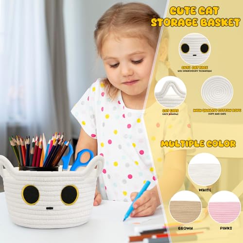 Small Storage Cute White Cat Cotton Rope Woven Basket for Nursery, Blanket Basket Organizer With Ears Toy Storage Bin Box 8.5×4.5 inches - color: White, size: 9 × 5 inches