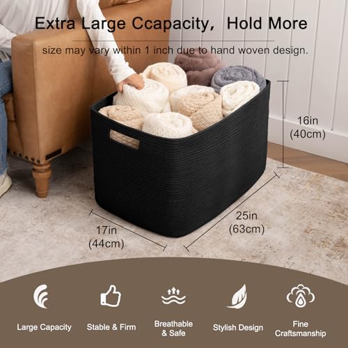OIAHOMY 118L XXXLarge Cotton Rope Storage Basket, Oversized Blanket Basket, Used for Organizing Dirty Clothes in Living Room, Bedroom, Nursery, Dog Toy Storage Bins, 25" x 17" x 16",Black - color: Black