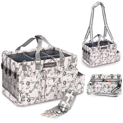 FifthStart Cleaning Caddy Organizer with Handle & Waist/Shoulder Straps - 9 Compartments & Mesh Base - Portable Cleaning Supply Caddy with Waste Bag Dispenser (Beige Floar, Large) - color: Beige Floral, size: Large