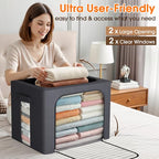 4 Pack Clothes Storage Bins with Metal Frame, 40L Foldable Fabric Storage Boxes with Clear Window, Front & Top Zipper Openings, Stackable Organizer Bins with Handles for Closet & Bedroom (Light Grey)