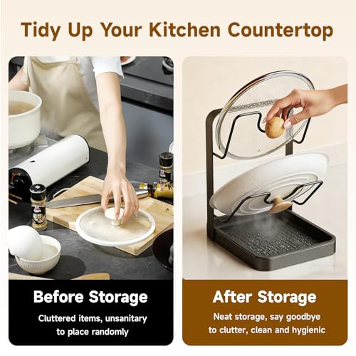 Kitchen Pot Lid Storage Rack, 2-Tier Lids Holder with Detachable Drip Tray While Cooking, Multifunctional Countertop Organizer for Cutting Boards, Ladles and Pan Covers