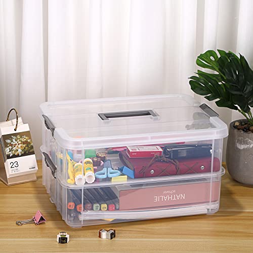 BTSKY 2 Layer Stack & Carry Box, Plastic Multipurpose Portable Storage Container Box Handled Organizer Storage Box for Organizing Stationery, Sewing, Art Craft, Jewelry and Beauty Supplies Dark Grey - color: Dark Grey
