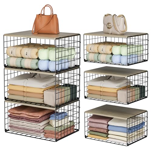 Extra-Long, Low-Profile Closet Organizers and Storage with Wood Top, 3 Pack Stackable Closet Shelf Organizer, Space-Saving Clothes Storage Bin for Wardrobe & Bedroom & Small Spaces, Sturdy Metal Black - color: BLACK, size: 15.74"L x 12"W x 8.66"H