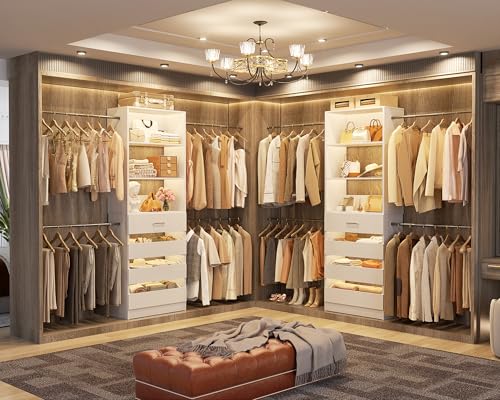 Aheaplus Closet System Set of 2, 4-9Ft Wood Closet Organizer with Drawers & Shelves, Closet Organizer System with 8 Hanging Rods, Walk-in Closets Organizer Wardrobe Closet Rack, White - color: White-2Sets