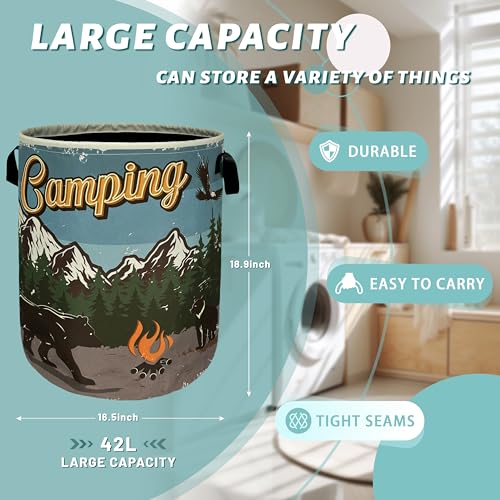 Retro Camping Mountain Bear Laundry Basket Foldable With Handles Tote Bag Oxford Cloth Funny Laundry Hamper Clothes Storage Bucket Toy Organizer For Bathroom/Laundry/Bedroom 18.9" x 16.5 " - color: Retro Camping With Mountains Bear