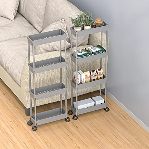 Sooyee 4 Tier Slim Storage Cart,Rolling Storage Cart,Narrow Shelf,Bathroom Rack,Mobile Shelving Unit Organizer for Kitchen, Bathroom, Laundry Room, Grey - color: Gray, size: Slim
