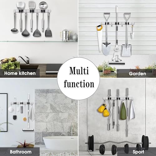 2 Pack 3 Racks and 4 Hooks Broom and Mop Holder Wall Mounted Garage Organizer Storage Tool Racks Stainless Steel Heavy Duty Hooks Self Adhesive Solid Non-slip Wall Hangers for Home Kitchen Garden - color: 3 Racks & 4 Hooks