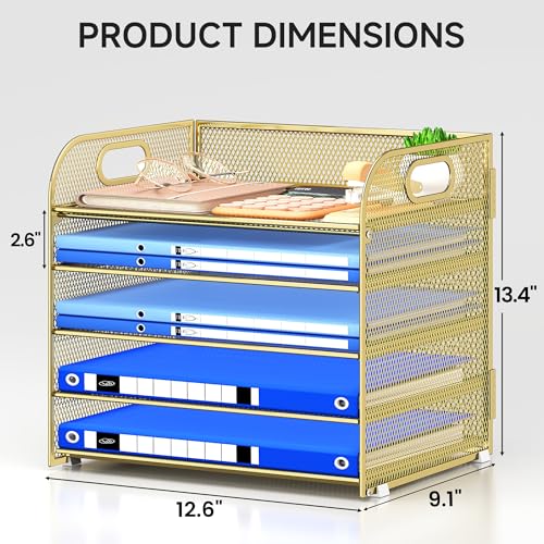 Paper Organizer Letter Tray with Handle Mesh 5 Trays Desk File Organizer Paper Sorter Desk Organizer for Office, Home or School-Gold - color: Gold, size: 12.6" x 9.1" x 13.4"