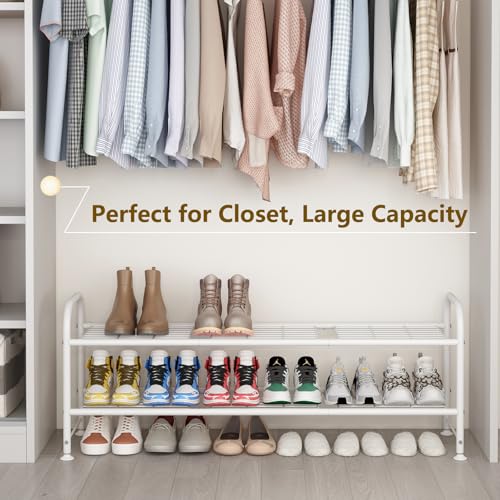 LINZINAR Shoe Rack Long 2 Tier Shoe Storage Organizer Metal Wide Shoe Shelf for Closet Entryway Bedroom 18 Paris Large Capacity, White - color: White, size: 2-Tier
